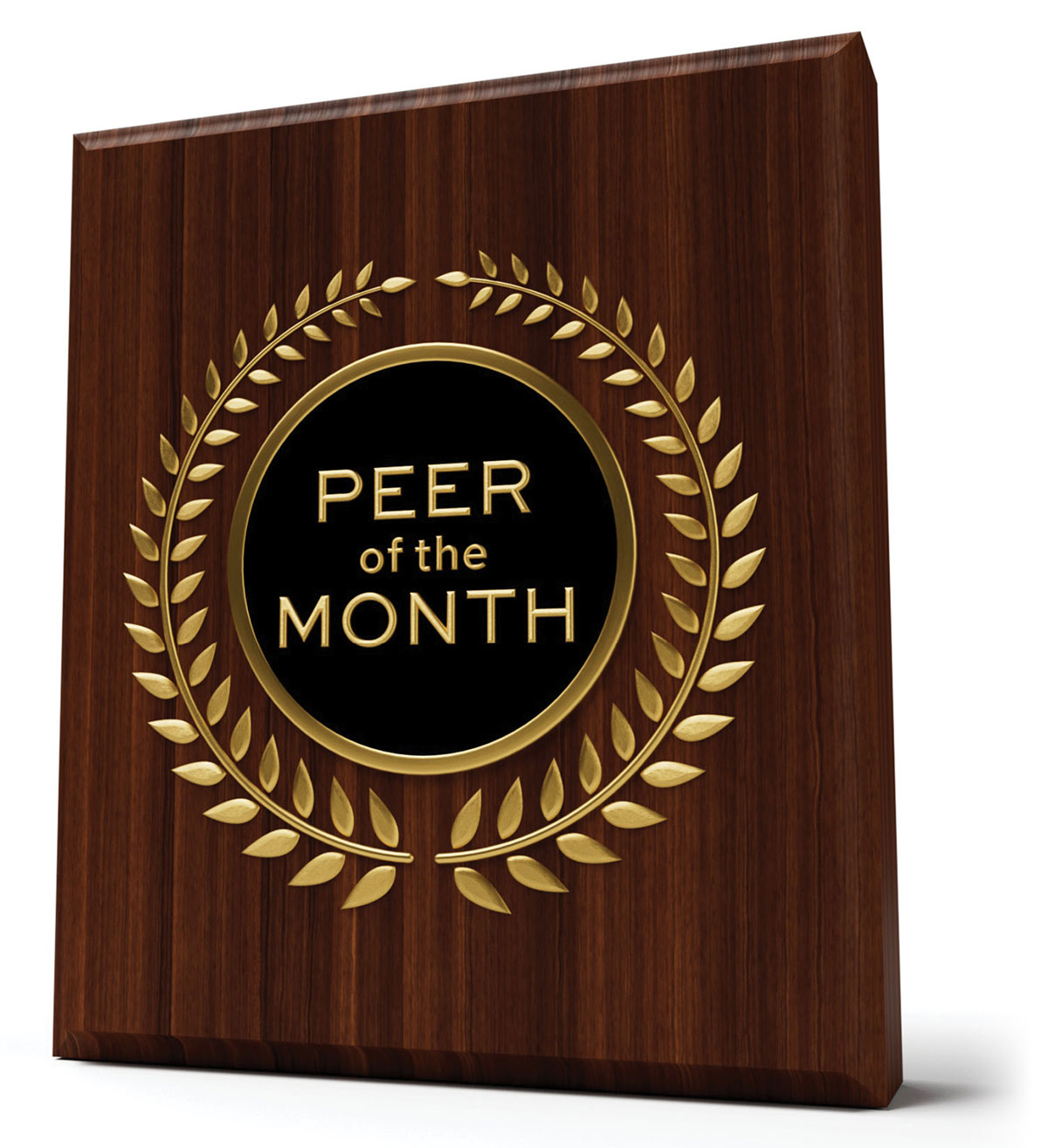 A dark wood plaque featuring a circular gold emblem in the center with a gold laurel wreath. The text inside the circle reads "PEER of the MONTH" in gold capital letters against a black background.