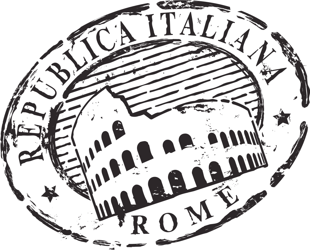 A black-and-white distressed oval passport-style stamp featuring the Colosseum and the words "Republica Italiana" and "Rome."