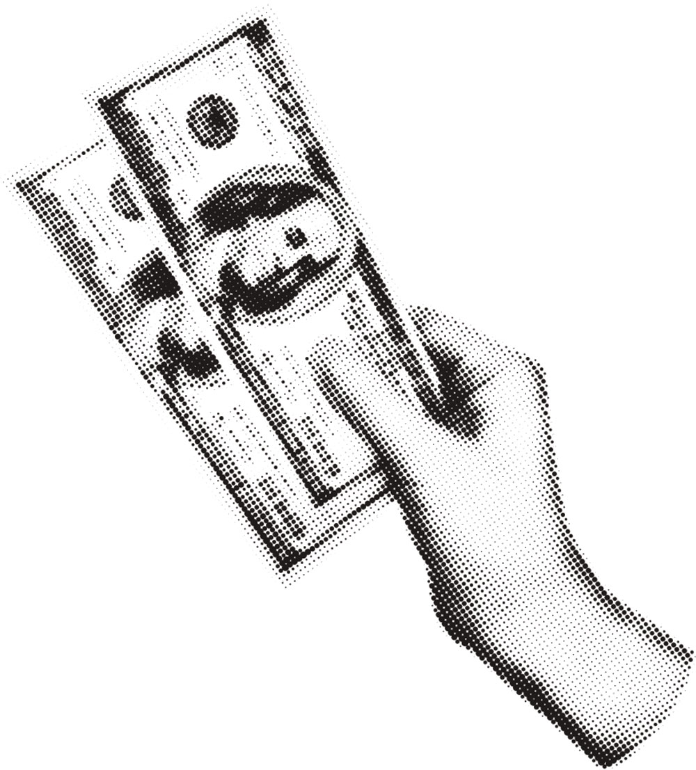 A black-and-white halftone illustration of a hand holding two dollar bills, representing financial transactions or debt.