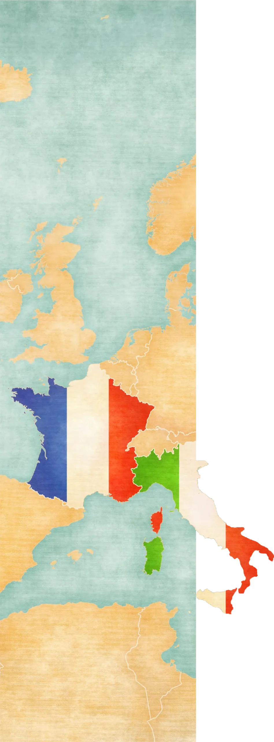 A vintage-style map of Europe with France and Italy highlighted by their national flag colors against a textured tan and teal background.
