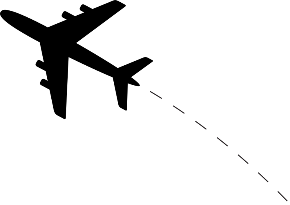 A black silhouette of an airplane flying upward, trailing a curved dashed line that represents a flight path on a white background.