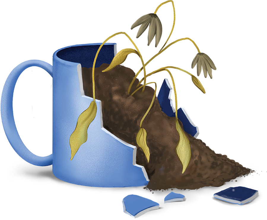 A broken blue ceramic mug with spilled soil and wilted, dying brown flowers and leaves.