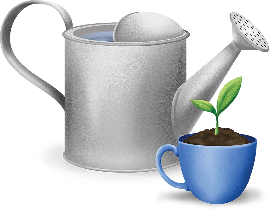 A small green seedling in a blue mug next to a large silver metal watering can.