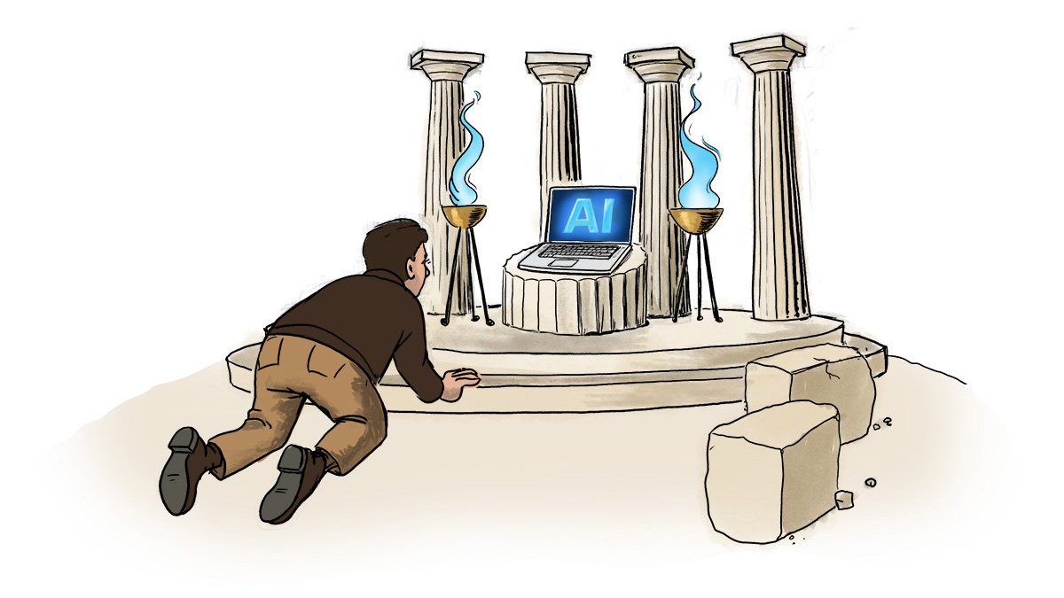Illustration of a man peering at a laptop labeled "AI" displayed on an ancient altar.