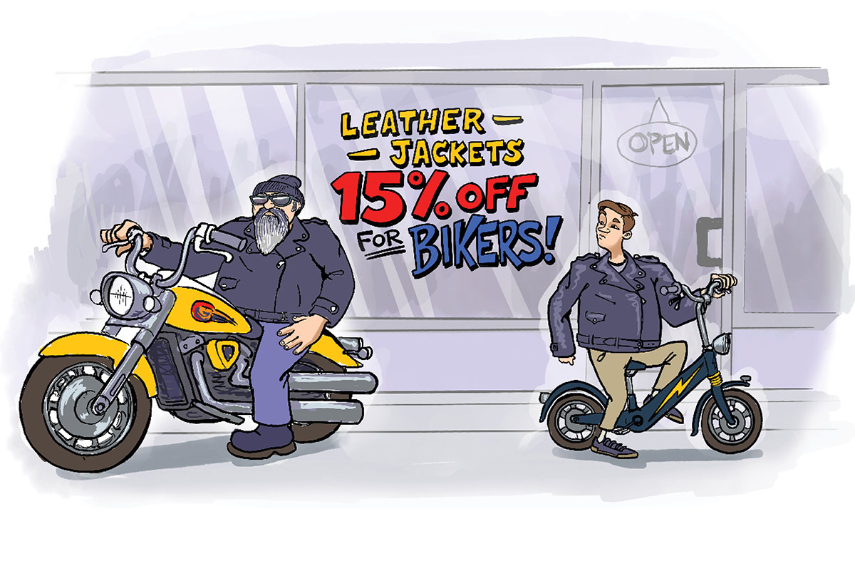 Cartoon of a biker on a motorcycle and a man on a scooter outside a shop.